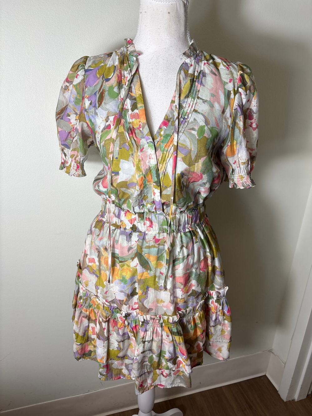 Meet Me In Santorina Pastel Floral Short Puff Sleeve Faux Wrap Mini Dress Sz S